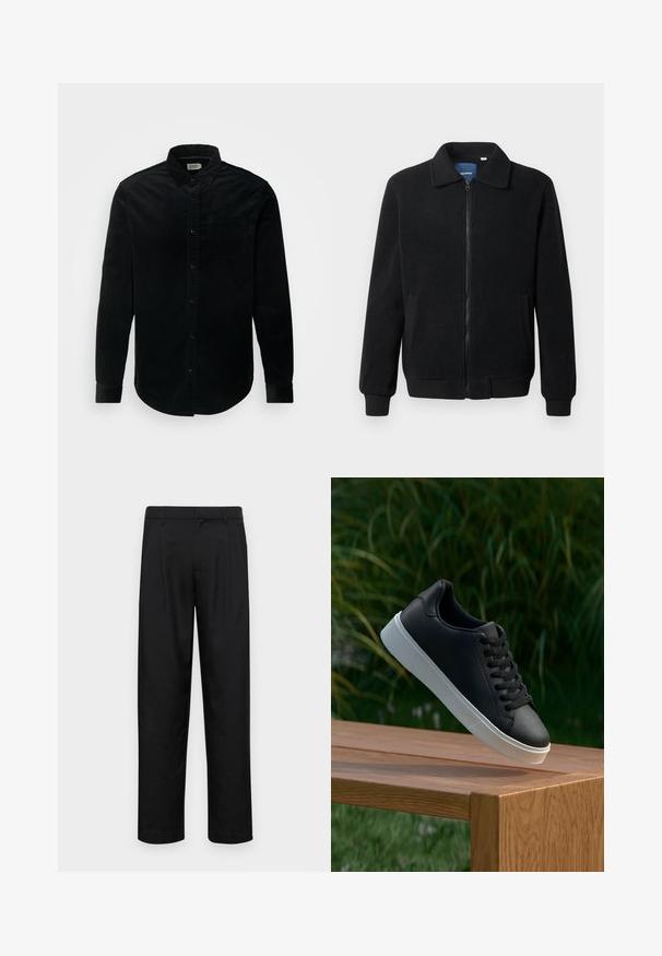 Melnā vilnas jaka ar rāvējslēdzēju, stāvošu apkakli, ribotām piedurknēm un sānu kabatām ar teksturētu virsmu.; Melna korduroja krekls ar garām piedurknēm, pogājamais priekšpuse, nolokāma apkakle, viena krūšu kabata un noapaļots apakšmalas dizains. Strukturēta auduma.; Melnas bikses, izgatavotas no gludas auduma, ar taisnu kāju dizainu, divām priekšējām krokām un standarta jostu, kurai ir āķi.; Melnās ādas sporta apavi ar gludu tekstūru, baltu gumijas zoli un sešiem caurumiem šņorešanai, novietoti uz koka virsmas.