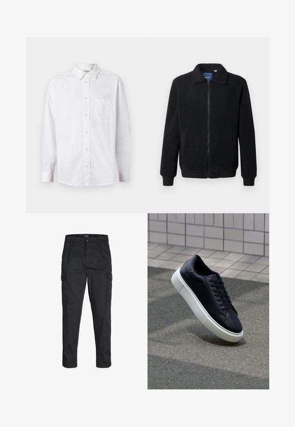 Zwarte fleece jas met een ritssluiting, staande kraag, ribgebreide manchetten en zijzakken met een textuur.; Witte lange mouwen knoop-overhemd met een kraag en borstzak, weergegeven op een effen lichte achtergrond.; Zwarte cargobroek van stevig stof, met meerdere zakken, een knoopsluiting en een slim fit ontwerp met taps toelopende benen.; Zwarte leren sneaker met een ronde neus en een witte rubberen zool. Voorzien van platte veters en minimale stiksels op het bovenwerk. Textuurrijke zool voor grip.