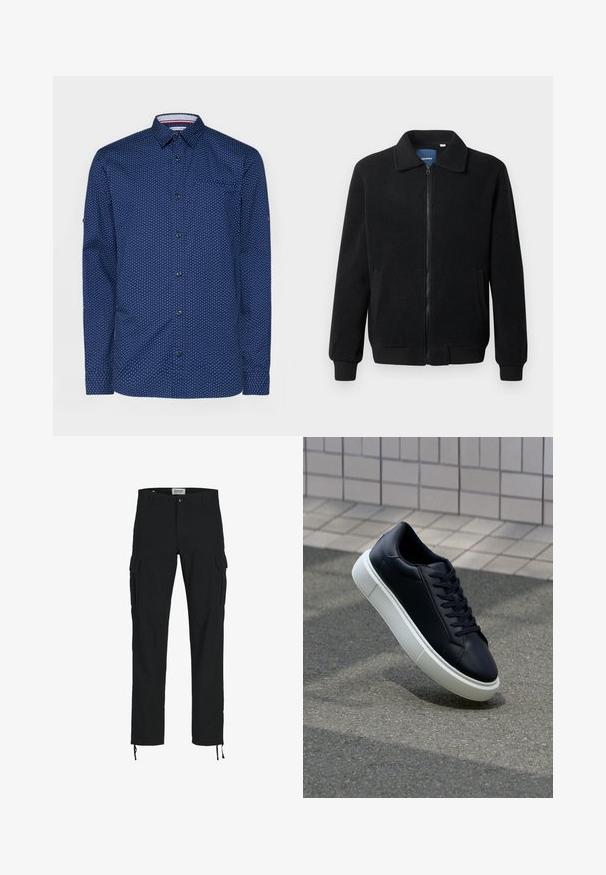 Černá fleecová bunda s zipovým uzávěrem, stojáčkem, vroubkovanými manžetami a bočními kapsami s texturovaným povrchem.; Námorně modrá košile s bílými puntíky, dlouhé rukávy, zapínání na knoflíky vpředu, jedna náprsní kapsa a kontrastní detail na vnitřním límci.; Černé cargo kalhoty s rovnými nohavicemi, vybavené bočními kapsami, zapínáním na knoflík a elastickými šňůrkami u kotníků. Vyrobeny z odolného materiálu.; Černé kožené tenisky s kulatou špičkou a bílou gumovou podrážkou. mají ploché tkaničky a minimální šití na svršku. Texturovaná podrážka pro lepší přilnavost.