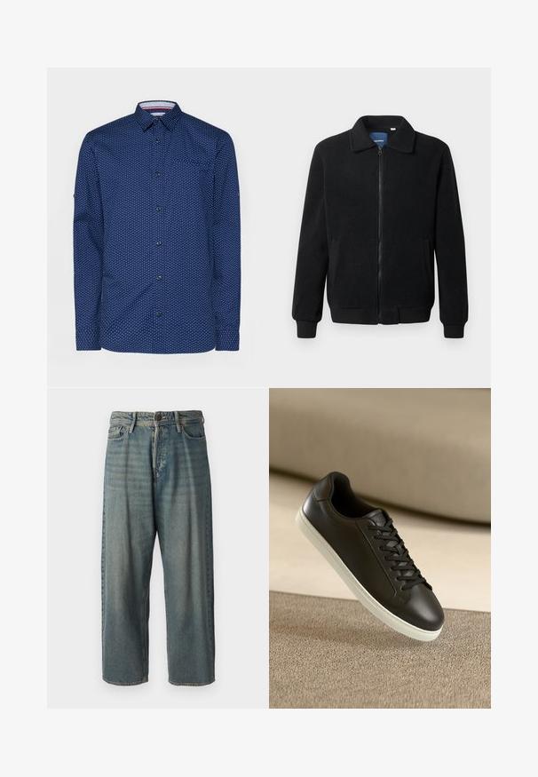 Černá fleecová bunda s zipovým uzávěrem, stojáčkem, vroubkovanými manžetami a bočními kapsami s texturovaným povrchem.; Námorně modrá košile s bílými puntíky, dlouhé rukávy, zapínání na knoflíky vpředu, jedna náprsní kapsa a kontrastní detail na vnitřním límci.; Světle modré denimové džíny s volným střihem, středně vysokým pasem a rovnými nohavicemi. Obsahují pět kapes, poutka na opasek a zapínání na knoflík.; Černé kožené tenisky s bílou gumovou podrážkou a černými tkaničkami, umístěné na béžovém textilním povrchu a pozadí.