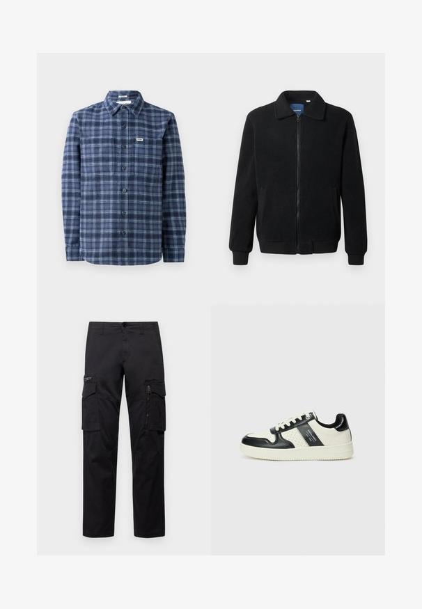 Giacca in pile nera con chiusura zip, colletto alto, polsini a coste e tasche laterali con superficie strutturata.; Camicia button-up a quadri blu navy realizzata in tessuto intrecciato, con colletto classico, maniche lunghe e polsini con tre bottoni.; Pantaloni cargo neri con multiple tasche, tasca con zip sulla coscia, vestibilità dritta e in resistente cotone con un leggero lucido.; Sneakers in pelle con una combinazione di colori nero e crema, dotati di dettagli perforati, collare imbottito e suola testurizzata.