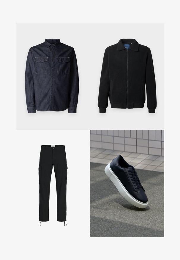 Černá fleecová bunda s zipovým uzávěrem, stojáčkem, vroubkovanými manžetami a bočními kapsami s texturovaným povrchem.; Replay Košile - dark blue; Černé cargo kalhoty s rovnými nohavicemi, vybavené bočními kapsami, zapínáním na knoflík a elastickými šňůrkami u kotníků. Vyrobeny z odolného materiálu.; Černé kožené tenisky s kulatou špičkou a bílou gumovou podrážkou. mají ploché tkaničky a minimální šití na svršku. Texturovaná podrážka pro lepší přilnavost.