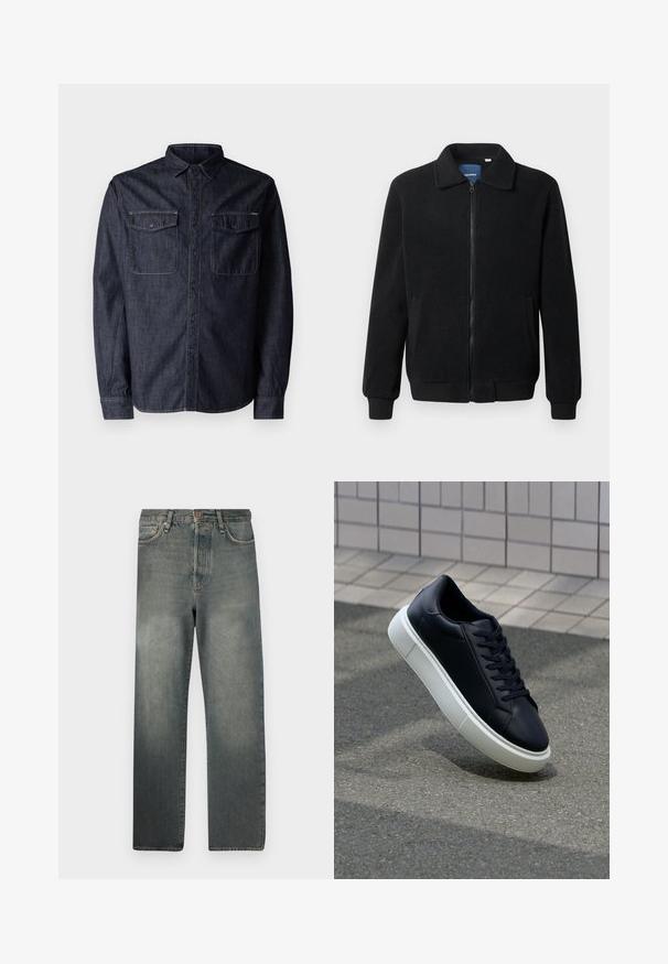 Čierna flísová bunda s uzáverom na zips, stojatým golierom, rebrovanými manžetami a bočnými vreckami s textúrovaným povrchom.; Replay Košeľa - dark blue; Jack & Jones JJIALEX JJCOOPER - Džínsy baggy - black denim; Čierne kožené tenisky s okrúhlou špičkou a bielou gumovou podrážkou. Majú ploché šnúrky a minimálne šitie na vrchu. Textúrovaná podrážka pre lepšiu priľnavosť.