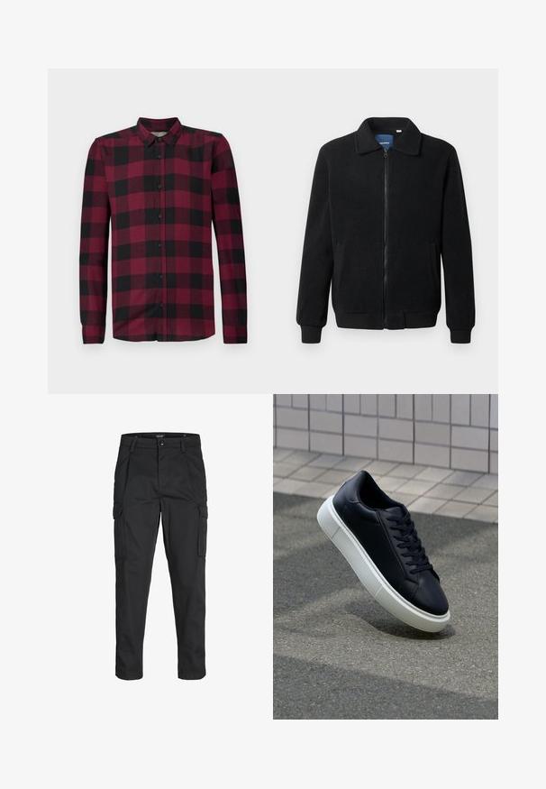 Veste en polaire noire avec fermeture éclair, col montant, poignets côtelés et poches latérales avec une surface texturée.; Chemise à manches longues avec un motif à carreaux rouge et noir, col classique et poignets ajustés.; Pantalons cargo noirs en tissu résistant, dotés de plusieurs poches, d'une fermeture par bouton et d'une coupe slim avec des jambes fuselées.; Baskets noires en cuir avec bout arrondi et semelle en caoutchouc blanc. Elles présentent des lacets plats et une couture minimale sur la tige. Semelle texturée pour une bonne adhérence.