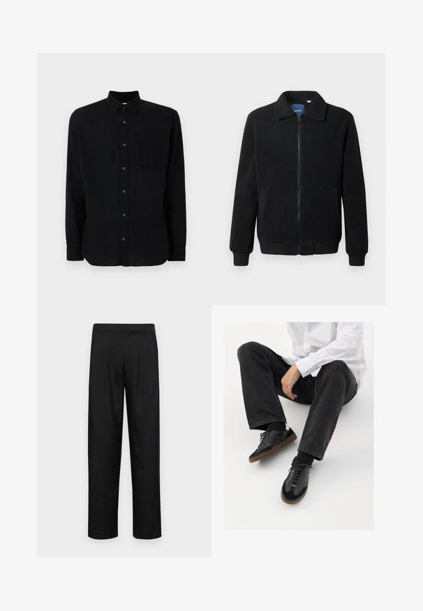 Giacca in pile nera con chiusura zip, colletto alto, polsini a coste e tasche laterali con superficie strutturata.; Maglietta nera a maniche lunghe realizzata in tessuto texturizzato, con chiusura a bottoni frontale, una tasca sul petto e colletto classico.; Pantaloni neri realizzati in tessuto liscio, caratterizzati da un taglio dritto, due pieghe frontali e una vita standard con passanti per la cintura.; Sneaker nere con una tomaia liscia e testurizzata, con suola in gomma e lacci scuri. Abbinati a jeans neri e una camicia bianca a righe.