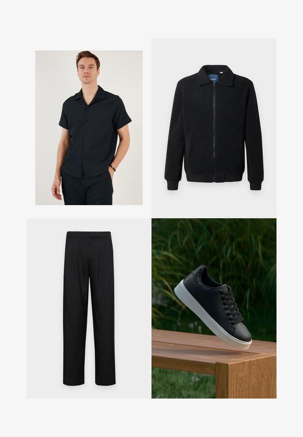 Czarna polarowa kurtka z zamkiem błyskawicznym, stójką, ściągaczami przy mankietach oraz bocznymi kieszeniami o teksturowanej powierzchni.; Czarna koszula z krótkim rękawem i kołnierzykiem, charakteryzująca się prążkowaną fakturą i zapięciem na guziki. Połączona z pasującymi spodniami, tworząc spójną stylizację.; Czarne spodnie wykonane z gładkiego materiału, z prostą nogawką, dwoma fałdami z przodu oraz standardowym paskiem z wypustkami na pasek.; Czarne skórzane sneakersy o gładkiej fakturze, z białą gumową podeszwą i sześcioma otworami na sznurowadła, wyeksponowane na drewnianej powierzchni.