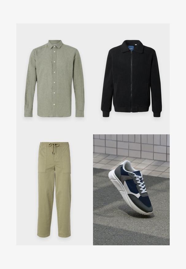 Svart fleece jakke med glidelås, høy krage, ribbestrikkede mansjetter og sidelommer med strukturert overflate.; Langermet, krage skjorte i lysegrønn, laget av teksturert stoff, med full knappelukking og rett kant.; Lys olivengrønne bukser laget av bomullsblandingsstoff, med elastisk midje og snor, samt to store sidelommer.; Sneakers med en navy blå mesh-overdel, grå sømværk, hvit gummisåle og flate hvite snører, designet for komfort og pusteevne.