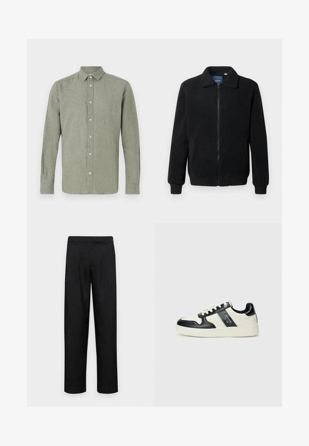 Black fleece jacket featuring a zip closure, stand collar, ribbed cuffs, and side pockets with a textured surface.; Long-sleeve, collared shirt in light green, made from textured fabric, featuring a full button closure and a straight hem.; Black trousers made of smooth fabric, featuring a straight-leg design, two front pleats, and standard waistband with belt loops.; Leather sneakers with a black and cream color scheme, featuring perforated accents, a padded collar, and a textured outsole.