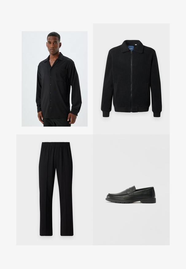 Schwarze Fleecejacke mit Reißverschluss, Stehkragen, gerippten Bündchen und seitlichen Taschen mit strukturiertem Oberflächenmaterial.; Schwarzes Langarmhemd mit eingeschnittenem Kragen, Brusttasche und Knopfverschluss; glattes Material mit subtiler Textur.; Schwarze, Gummibund-Hosen mit geradem Schnitt, die eine glatte Textur aufweisen und keine sichtbaren Muster oder Beschläge haben.; Schwarze Lederloafers mit glatter Oberfläche, Mokassin-oberteil, genähten Details und Gummisohle. Klassisches Design mit niedrigem Absatz.
