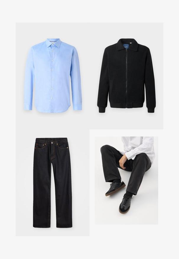 Fekete bolyhos dzseki cipzárral, állógallérral, bordázott mandzsettákkal és oldalzsebekkel, textúrált felülettel.; Világoskék, hosszú ujjú gombos ing, szövetből készült. Klasszikus gallérral és hat elöl lévő gombbal rendelkezik. Simább textúrájú és testhezálló fazonú.; Férfi egyenes szabású fekete farmernadrág öt zsebbel és narancssárga varrással, gombos és cipzáros záródással elöl.; Fekete tornacipők sima és texturált felsőrészel, gumitalppal és sötét cipőfűzőkkel. Fekete farmernadrággal és fehér csíkos inggel párosítva.