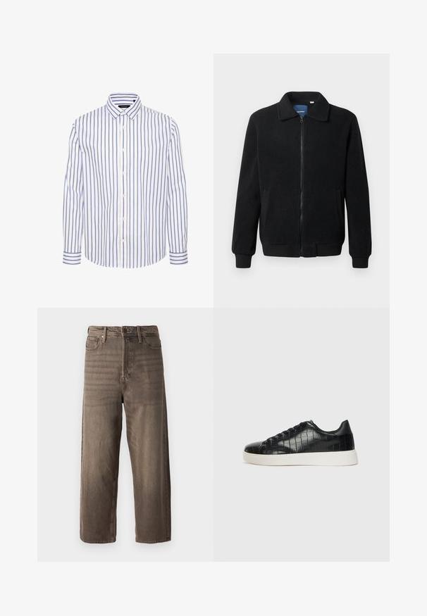 Melnā vilnas jaka ar rāvējslēdzēju, stāvošu apkakli, ribotām piedurknēm un sānu kabatām ar teksturētu virsmu.; Balta krekls ar vertikālām zilām un brūnām svītrām, platas apkakles dizains un pogām pie pogu aprocēm, kas atbilst svītrām.; Bordo platajā stila džinsi, izgatavoti no denima. Satur rāvējslēdzēja aizdari, jostas cilpas un piecas kabatas. Audumam ir izbalējusi, teksturēta virsma.; Melni sporta apavi ar teksturētu krokodila raksta ādas augšdaļu, noapaļotu pirkstu daļu un kontrastējošu baltu gumijas zoli ar gludu virsmu.