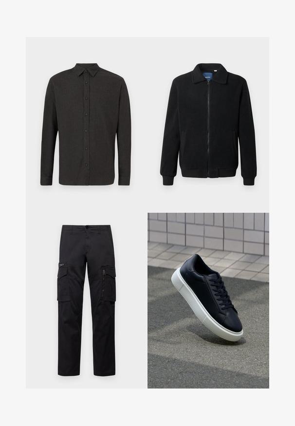 Črna flis jakna z zadrgo, stoječim ovratnikom, rebrastimi zapestji in stranskimi žepi s teksturirano površino.; Temno siva srajca z dolgimi rokavi in gumbi na sprednji strani, z usnjenim ovratnikom, prikazana na ravni površini na beli podlagi.; Črne cargo hlače z več žepi, z zadrgo na stegnu, ravnim krojem in trdnim bombažnim materialom z rahlo sijajem.; Črne usnjene superge z zaobljenim prstom in belim gumijastim podplat. Imajo ravne vezalke in minimalno šivanje na zgornjem delu. Teksturirani podplat za oprijem.