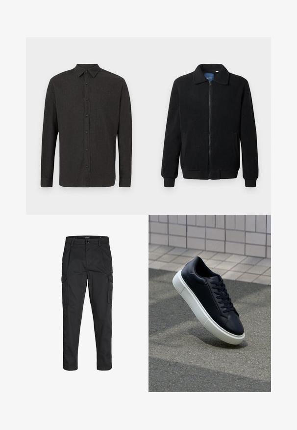 Musternahk fleece-jakk musternahaga, tõmblukk, seisev kaelus, soonikkoes varrukad ja küljetaskud tekstuurse pinnaga.; Tumehall pikka varrukaga nööbitav särk terava kraega, laotud tasasele valgele taustale.; Mustad mustapõlvik, mis on valmistatud tugeva koe kasutades, sisaldab mitmeid taskuid, nupule kinnitatav sulgemine ja kitsenev disain.; Mustast nahast tennisetoss, millel on ümar nina ja valge kummist tall. Omab siredaid paelu ja minimaalset õmblemist ülemises osas. Tekstuuriga tald, mis tagab haakuvuse.