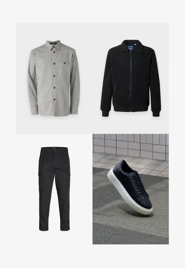 Fekete bolyhos dzseki cipzárral, állógallérral, bordázott mandzsettákkal és oldalzsebekkel, textúrált felülettel.; Szürke gyapjúing, gombnyakú, hosszú ujjal, elülső zsebbel és fekete gombokkal. Texturált szövetfelülettel rendelkezik.; Fekete cargo nadrág, amely tartós anyagból készült, több zsebet tartalmaz, gombos záródással rendelkezik, és karcsú szabású, szűkített lábakkal bír.; Fekete bőr sportcipő lekerekített orral és fehér gumitalppal. Lapos fűzőkkel és minimális varrásokkal rendelkezik a felsőrészén. Mintás talp a tapadásért.