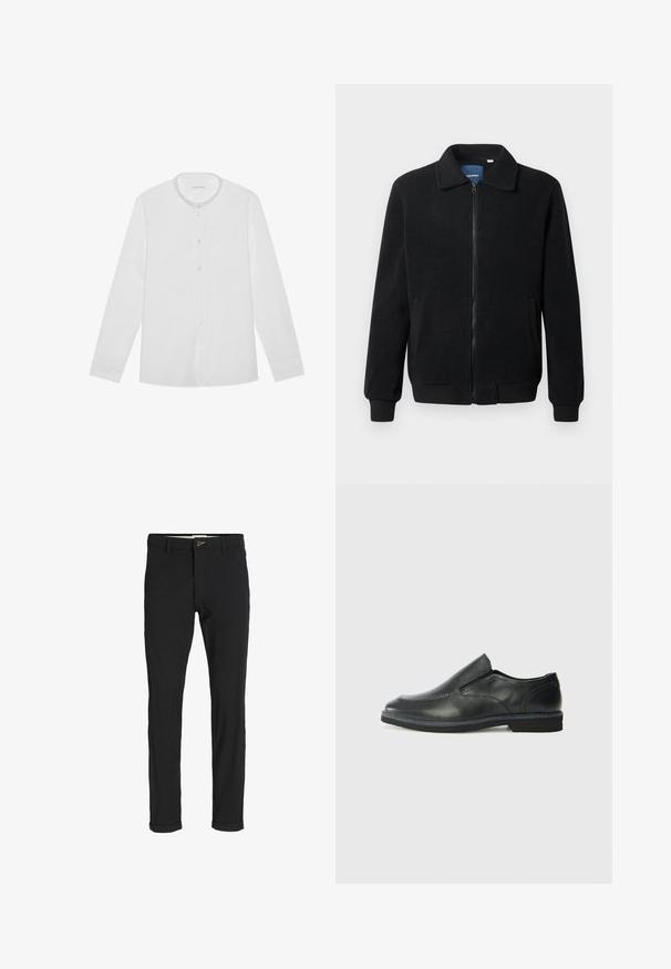 Zwarte fleece jas met een ritssluiting, staande kraag, ribgebreide manchetten en zijzakken met een textuur.; Witte lange mouwknop-shirt met een mandarin kraag en een enkele borstzak, plat gelegd op een effen achtergrond.; Zwarte katoenen broek van een katoenmix met een slim fit, voorzien van een knoopsluiting, zakken en opgerolde mouwen voor een casual afwerking.; Zwarte leren instapper met een soepele bovenkant, gestikte accenten, ronde neus en een lage rubberen hak. De zool heeft minimale profiel.