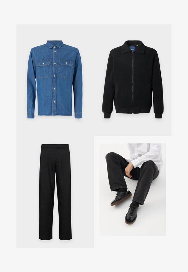 Fekete bolyhos dzseki cipzárral, állógallérral, bordázott mandzsettákkal és oldalzsebekkel, textúrált felülettel.; Sötétkék farmering, hosszú ujjakkal és gombos mandzsettával, hegyes gallérral, két mellzsebbel és elülső gombos záródással arany színű fém alkatrészekkel.; Fekete nadrág sima anyagból, egyenes szárú fazonnal, két elülső redővel és közönséges derékkal, övhurkokkal.; Fekete tornacipők sima és texturált felsőrészel, gumitalppal és sötét cipőfűzőkkel. Fekete farmernadrággal és fehér csíkos inggel párosítva.