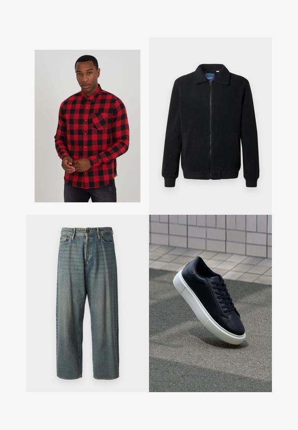 Μαύρο φλις μπουφάν με κλείσιμο με φερμουάρ, όρθιο γιακά, λαστιχένια μανίκια και πλάγιες τσέπες με υφή.; Κόκκινο και μαύρο καρό πουκάμισο με μακριά μανίκια, κλείσιμο με κουμπί και μία τσέπη στο στήθος. Φτιαγμένο από υφαντή ύφασμα, με στρογγυλή βάση.; Ανοιχτό μπλε τζιν παντελόνι με χαλαρή γραμμή, μέση μέσου ύψους και ευθείες γραμμές. Περιλαμβάνει πέντε τσέπες, θηλιές ζώνης και κούμπωμα με κουμπί.; Μαύρο δερμάτινο αθλητικό παπούτσι με στρογγυλή μύτη και λευκή καουτσούκ σόλα. Διαθέτει επίπεδες κορδόνες και ελάχιστες ραφές στο επάνω μέρος. Υφή σόλας για καλύτερη πρόσφυση.