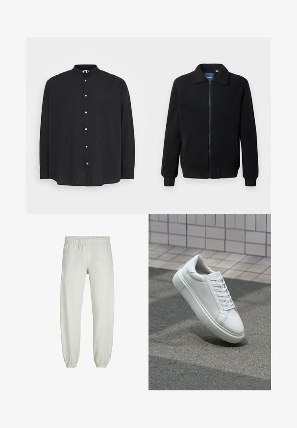 Chaqueta de forro polar negra con cierre de cremallera, cuello alzado, puños acanalados y bolsillos laterales con una superficie texturizada.; Camisa negra de manga larga con cuello de banda y cierre de botón. Fabricada en una tela ligera, presenta un corte holgado y una textura sutil.; Pantalones de chándal blancos hechos de una tela suave, con cinturilla y puños elásticos, que presentan una textura suave y un diseño holgado.; Zapatilla de cuero blanca con una superficie lisa, punta redonda y cordones blancos planos. Presenta una suela de goma texturizada y elementos de diseño mínimos.
