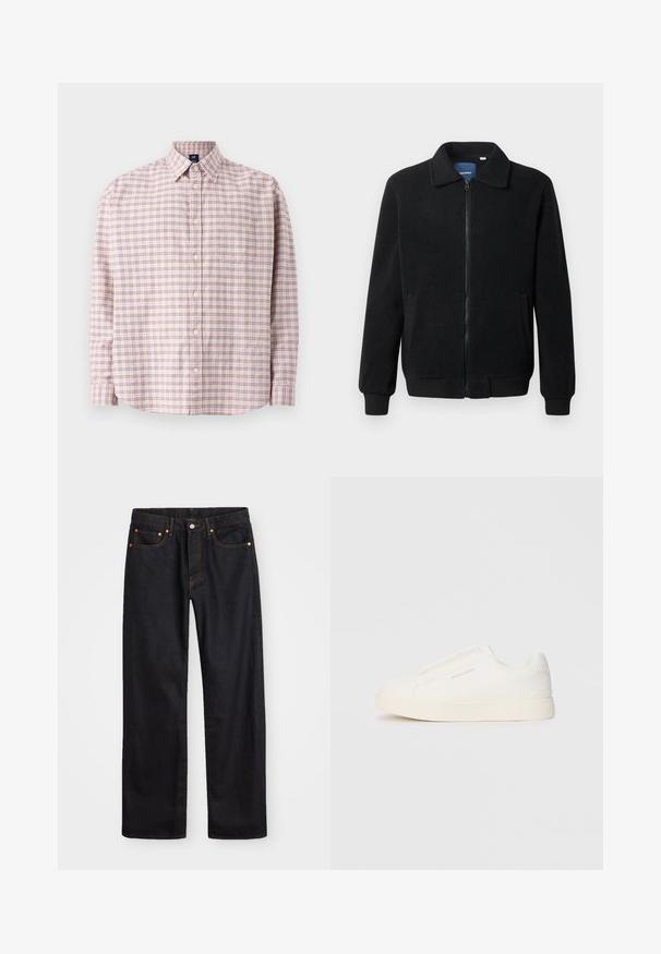 Μαύρο φλις μπουφάν με κλείσιμο με φερμουάρ, όρθιο γιακά, λαστιχένια μανίκια και πλάγιες τσέπες με υφή.; Μακρυμάνικο πουκάμισο με κουμπιά σε ανοιχτό ροζ καρό σχέδιο, με ναυτικές και μπεζ γραμμές, στρογγυλή άκρη και μία τσέπη στο στήθος.; Ανδρικό τζιν παντελόνι σε ευθεία γραμμή, μαύρου χρώματος, με πέντε τσέπες και πορτοκαλί ραφές, με κουμπί και φερμουάρ στον μπροστινό ιμάντα.; Λευκά slip-on παπούτσια με υφή, παχύ πάτο και μινιμαλιστικό σχέδιο. Φέρει το λογότυπο της μάρκας στο πλάι.