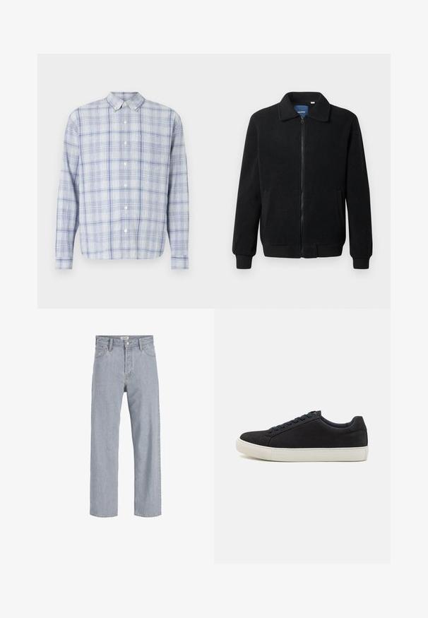 Giacca in pile nera con chiusura zip, colletto alto, polsini a coste e tasche laterali con superficie strutturata.; Camicia a maniche lunghe con bottoni in azzurro chiaro e motivo a quadri bianchi. Presenta un colletto classico e un tessuto morbido e strutturato.; Jeans in denim azzurro chiaro con vestibilità rilassata, design a gamba dritta, cuciture visibili, due tasche frontali e chiusura con bottone.; Sneaker in suede nero con punta arrotondata, suola in gomma bianca, lacci blu a contrasto e una texture liscia. Design minimalista senza logo visibile.
