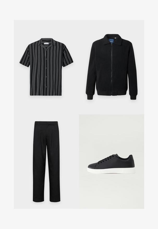 Black fleece jacket featuring a zip closure, stand collar, ribbed cuffs, and side pockets with a textured surface.; Short-sleeve black shirt with vertical white stripes, button-front design, and a spread collar. Made of lightweight fabric, smooth texture.; Black trousers made of smooth fabric, featuring a straight-leg design, two front pleats, and standard waistband with belt loops.; Pier One UNISEX - Trainers - black
