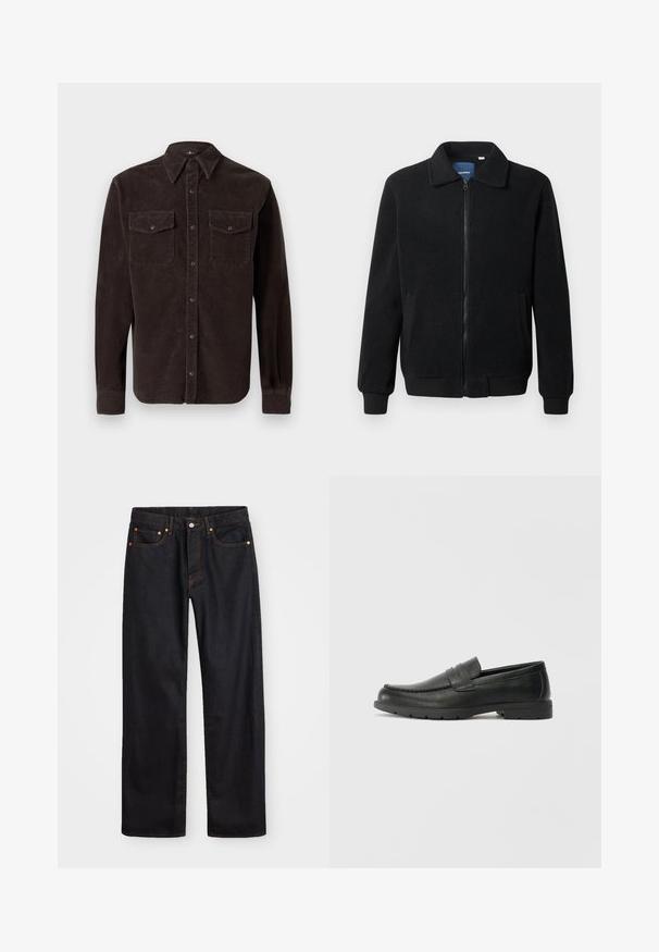 Crni flis jakna s zatvaranjem na zip, stojećim ovratnikom, rebrastim manžetama i bočnim džepovima s teksturiranom površinom.; Smeđi kord košulja s klasičnim ovratnikom, dugim rukavima, dva džepa na prsima s dugmadi i teksturiranim materijalom.; Muške traperice ravnog kroja, crne boje, s pet džepova i narančastim šavovima, sa zatvaranjem na dugme i patentni zatvarač na prednjem dijelu struka.; Crne kožne mokasine s glatkom površinom, gornji dio u stilu mokasina, ojačani šavovi i gumeni potplat. Klasičan dizajn s niskom petom.