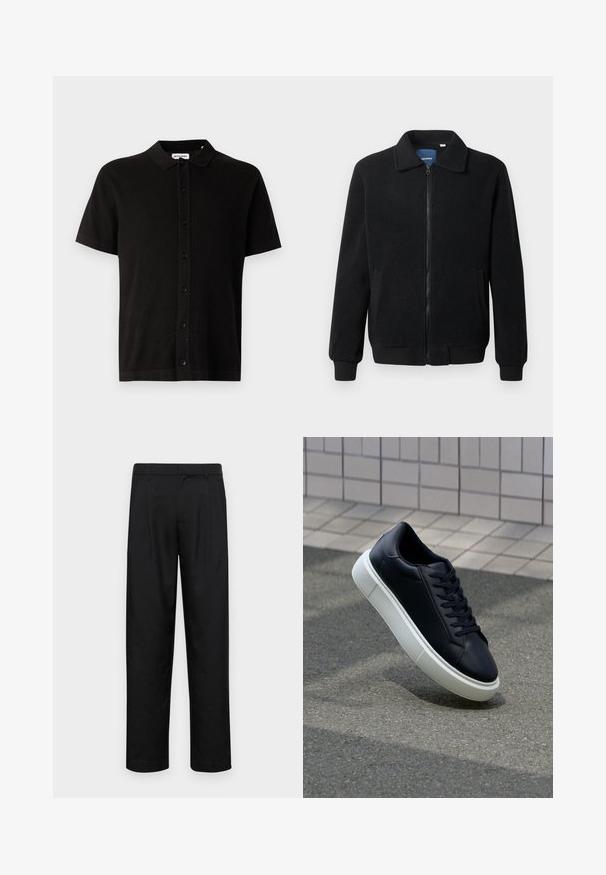 Black fleece jacket featuring a zip closure, stand collar, ribbed cuffs, and side pockets with a textured surface.; Short-sleeve black knit shirt with a collar, button front, and subtle textured pattern. Classic design with a relaxed fit.; Black trousers made of smooth fabric, featuring a straight-leg design, two front pleats, and standard waistband with belt loops.; Black leather sneaker with rounded toe and white rubber sole. Features flat laces and minimal stitching on the upper. Textured sole for grip.