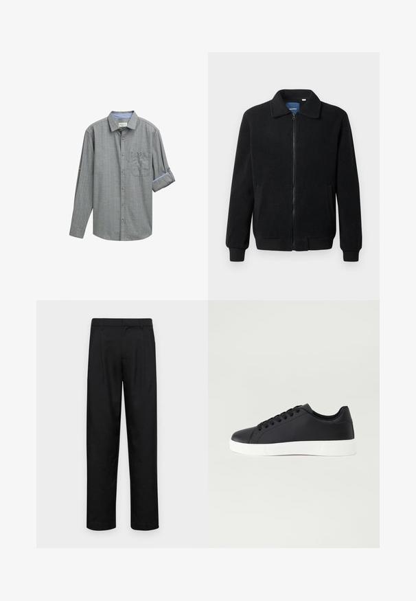 Schwarze Fleecejacke mit Reißverschluss, Stehkragen, gerippten Bündchen und seitlichen Taschen mit strukturiertem Oberflächenmaterial.; Graues Langarmhemd mit Karomuster, Button-Down-Kragen, einer Brusttasche und hochgerolltem Ärmel mit blauem Akzent.; Schwarze Hose aus glattem Stoff, mit geradem Bein Design, zwei vorderen Falten und einem Standardbund mit Gürtelschlaufen.; Pier One UNISEX - Sneaker low - black