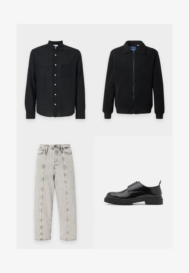 Juodas fliso džemperis su užtrauktuku, stovinčia apykakle, gumuotais rankogaliais ir šoninėmis kišenėmis, turinčiomis tekstūruotą paviršių.; Juodas ilgas rankovėmis marškinys, pagamintas iš lino, su užsegama priekiu, smailu apykakle ir viena krūtinės kišene. Lygus paviršius.; Pilka aukšta juosmens džinsai su laisvu siluetu, tiesios kojų dizainas, matoma siūlė ir nusidėvėjusi tekstūra.; Juodos odinės šlepetės su raišteliais, su suapvalintu pirštu, lygiu paviršiumi ir griūvančiu guminiu padu. Yra nedidelis kulniukas ir kilpa gale.