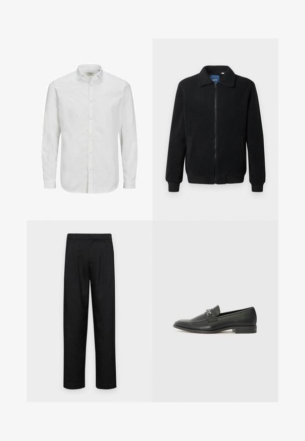Fekete bolyhos dzseki cipzárral, állógallérral, bordázott mandzsettákkal és oldalzsebekkel, textúrált felülettel.; Fehér, hosszú ujjú, gombos ing pamutból, klasszikus gallérral, egyenes szabással és finom textúrával. Szabványos gombzár.; Fekete nadrág sima anyagból, egyenes szárú fazonnal, két elülső redővel és közönséges derékkal, övhurkokkal.; Fekete bőr loaferek sima felülettel, varrott mintával és díszítő fém lánccal a cipő elején. Lapos sarok.