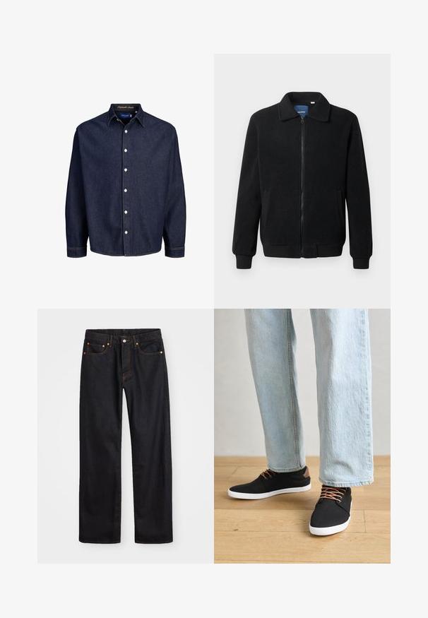 Musta fleece-takki, jossa on vetoketjulla suljettavat, pystykaulus, ribbireunat ja sivutaskut, joissa on teksturoitu pinta.; Tummansininen farkkupaita, jossa on napitus edessä, pitkät hihat ja klassinen kaulus, valkoiset napit ja kontrastiväriset tikkaukset.; Miestne čierne rovné džínsy so štyrmi vreckami a oranžovým šitím, zapínanie na gombík a zips na prednom pásku.; Mustat canvas-kengät ruskeilla yksityiskohdilla, valkoisilla kumipohjilla ja ruskeilla nauhoilla, yhdistettynä vaaleansiniin suoriin farkkuihin. Taustalla puulattia.