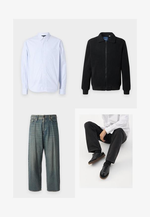 Czarna polarowa kurtka z zamkiem błyskawicznym, stójką, ściągaczami przy mankietach oraz bocznymi kieszeniami o teksturowanej powierzchni.; Koszula zapinana na guziki w jasnoniebieskie i białe pionowe paski. Posiada kołnierzyk, długie rękawy oraz kieszonkę na piersi. Wykonana z tkaniny tkanej.; Jasnoniebieskie dżinsy o luźnym kroju, średnim stanie i prostych nogawkach. Posiadają pięć kieszeni, szlufki na pasek oraz zapięcie na guzik.; Czarne sneakersy z gładką i textured cholewką, z gumową podeszwą i ciemnymi sznurowadłami. Połączone z czarnymi dżinsami i bluzką w białe paski.