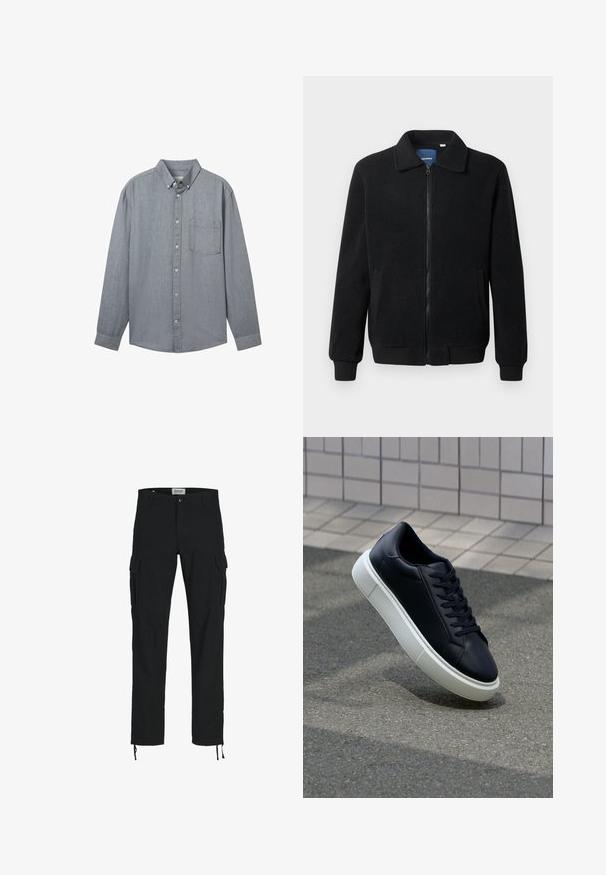 Czarna polarowa kurtka z zamkiem błyskawicznym, stójką, ściągaczami przy mankietach oraz bocznymi kieszeniami o teksturowanej powierzchni.; Szary koszula z długim rękawem, z kołnierzykiem, pojedynczą kieszenią na piersi oraz teksturowanym materiałem. Zapięta na widoczne guziki z przodu.; Czarne spodnie cargo o prostym kroju, z bocznymi kieszeniami, zapięciem na guzik i elastycznymi sznurkami przy kostkach. Wykonane z trwałego materiału.; Czarne skórzane sneakersy z okrągłym noskiem i białą gumową podeszwą. Posiadają płaskie sznurowadła i minimalne przeszycia na cholewce. Teksturowana podeszwa zapewnia przyczepność.