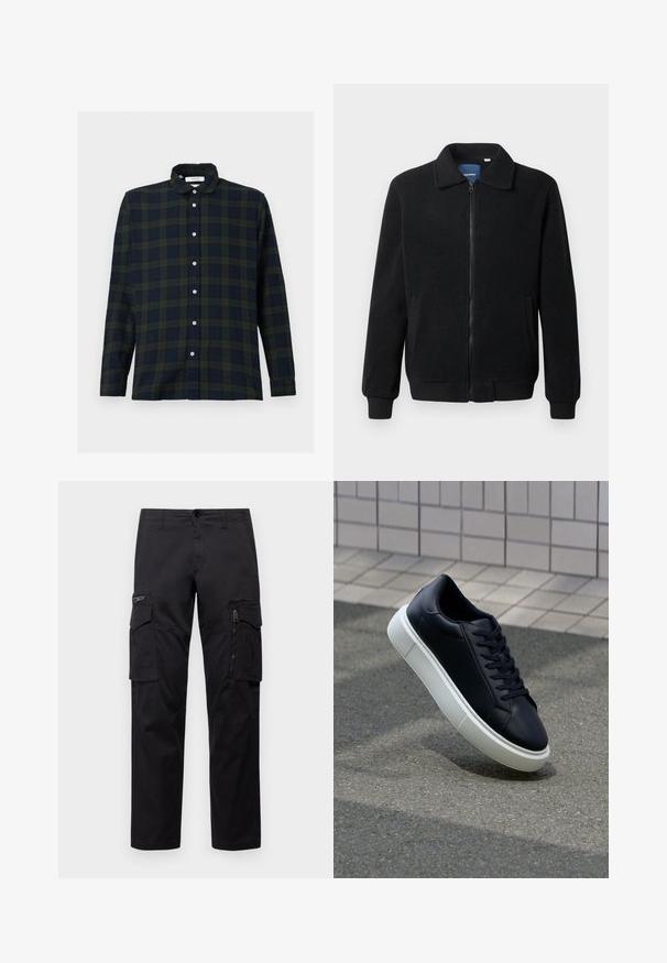 Zwarte fleece jas met een ritssluiting, staande kraag, ribgebreide manchetten en zijzakken met een textuur.; Langdurige, gestreepte overhemd met lange mouwen in donker groen en marineblauw, gemaakt van katoen, met een button-down kraag en voorste knopenrij.; Zwarte cargobroek met meerdere zakken, een ritszak op de dij, rechte pasvorm en stevige katoen met een subtiele glans.; Zwarte leren sneaker met een ronde neus en een witte rubberen zool. Voorzien van platte veters en minimale stiksels op het bovenwerk. Textuurrijke zool voor grip.