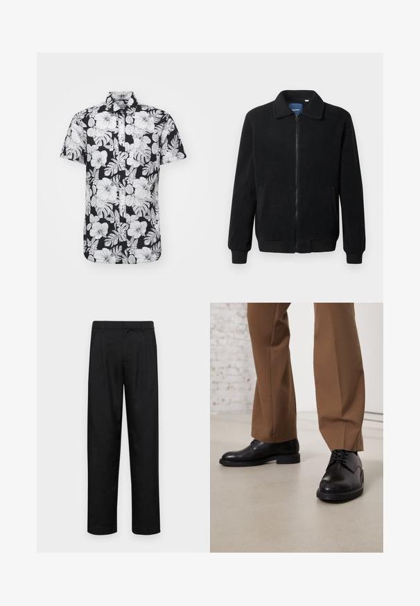 Schwarze Fleecejacke mit Reißverschluss, Stehkragen, gerippten Bündchen und seitlichen Taschen mit strukturiertem Oberflächenmaterial.; Kurzarmhemd mit schwarzem Hintergrund und auffälligen weißen Blumen- und Blattmustern, mit Kragen und geradem Saum.; Schwarze Hose aus glattem Stoff, mit geradem Bein Design, zwei vorderen Falten und einem Standardbund mit Gürtelschlaufen.; Schwarze Lederschuhe mit glatter Oberfläche und runder Zehenpartie, mit Schnürverschluss und einer flachen, niedrigen Sohle. Kombiniert mit braunen Hosen.