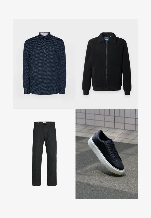 Juodas fliso džemperis su užtrauktuku, stovinčia apykakle, gumuotais rankogaliais ir šoninėmis kišenėmis, turinčiomis tekstūruotą paviršių.; Tamsiai mėlynas mygtukų susegimo marškinis su ilgomis rankovėmis, baltais taškeliais, apykakle ir krūtinės kišene; pagamintas iš lygaus audinio su šiek tiek blizgesio.; Juodi kelniai, pagaminti iš tvirto audinio, su tiesiomis kojomis, siuvinėtomis detalėmis ir dviem priekinėmis kišenėmis funkcionalumui.; Juodas odinis sportbačius su apvaliu pirštu ir baltu gumuotu padu. Turi plokščias raišteles ir minimalų siuvimą viršuje. Padangos tekstūra užtikrina sukibimą.