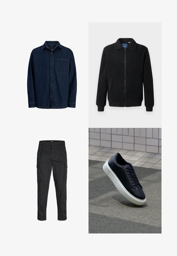 Chaqueta de forro polar negra con cierre de cremallera, cuello alzado, puños acanalados y bolsillos laterales con una superficie texturizada.; Camisa de mezclilla oscura con botones y mangas largas, un cuello puntiagudo y un bolsillo en el pecho. Presenta botones marrones y acentos de costura amarilla.; Pantalones cargo negros hechos de tela resistente, que cuentan con múltiples bolsillos, un cierre de botón y un diseño de corte slim con piernas ajustadas.; Zapatilla de cuero negro con punta redonda y suela de goma blanca. Presenta cordones planos y un mínimo de costuras en la parte superior. Suela texturizada para proporcionar agarre.