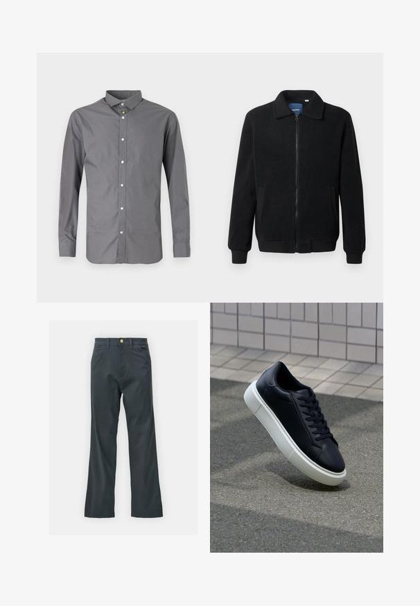 Černá fleecová bunda s zipovým uzávěrem, stojáčkem, vroubkovanými manžetami a bočními kapsami s texturovaným povrchem.; Šedá dlouhá košile s dlouhým rukávem vyrobená ze směsi bavlny, s klasickým límcem, zapínáním na knoflíky a lesklými bílými knoflíky podél předního zapínání.; Černé kalhoty s rovnými nohavicemi, vyrobené z bavlněné směsi. Mají kovové zapínání a boční kapsy. Bez viditelných vzorů.; Černé kožené tenisky s kulatou špičkou a bílou gumovou podrážkou. mají ploché tkaničky a minimální šití na svršku. Texturovaná podrážka pro lepší přilnavost.