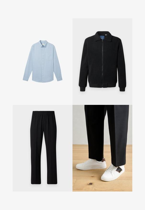 Giacca in pile nera con chiusura zip, colletto alto, polsini a coste e tasche laterali con superficie strutturata.; Camicia azzurro chiaro a maniche lunghe realizzata in tessuto con un motivo testurizzato, dotata di colletto button-down e una tasca sul petto.; Pantaloni neri con vita elasticizzata e design a gamba dritta, caratterizzati da una texture liscia e senza motivi o hardware visibili.; Sneakers bianchi dalla texture liscia, con dettagli in pelle marrone e particolari neri, abbinati a pantaloni neri su misura. Sfondo in parquet.