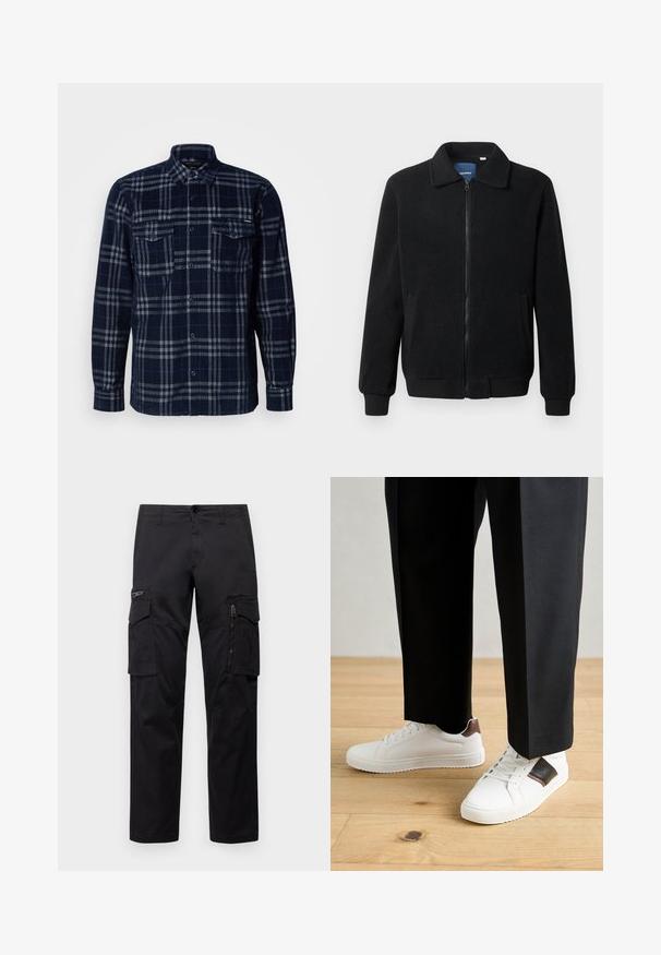 Black fleece jacket featuring a zip closure, stand collar, ribbed cuffs, and side pockets with a textured surface.; Navy blue button-up shirt with gray plaid pattern, two chest pockets with button flaps, and a folded collar.; Black cargo pants featuring multiple pockets, a zippered pocket on thigh, straight fit, and sturdy cotton fabric with slight sheen.; White sneakers with smooth texture, featuring brown leather accents and black detailing, paired with black tailored pants. Wooden floor background.