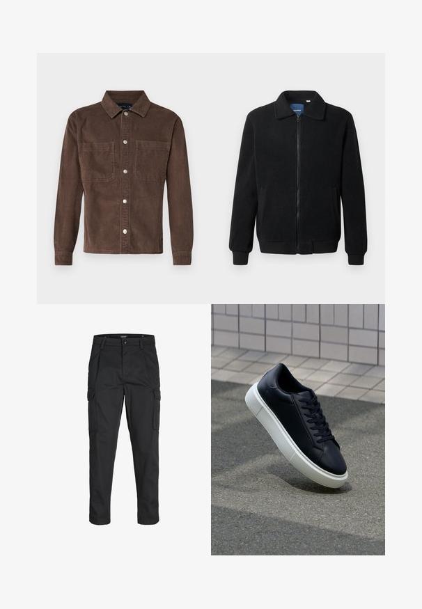 Czarna polarowa kurtka z zamkiem błyskawicznym, stójką, ściągaczami przy mankietach oraz bocznymi kieszeniami o teksturowanej powierzchni.; Brązowa kurtka koszulowa z korduroyu z długimi rękawami, dwoma przednimi kieszeniami i srebrnymi guzikami wzdłuż zapięcia, z klasycznym kołnierzykiem.; Czarne spodnie cargo wykonane z wytrzymałego materiału, z wieloma kieszeniami, zapięciem na guzik oraz zwężanym krojem nogawek.; Czarne skórzane sneakersy z okrągłym noskiem i białą gumową podeszwą. Posiadają płaskie sznurowadła i minimalne przeszycia na cholewce. Teksturowana podeszwa zapewnia przyczepność.