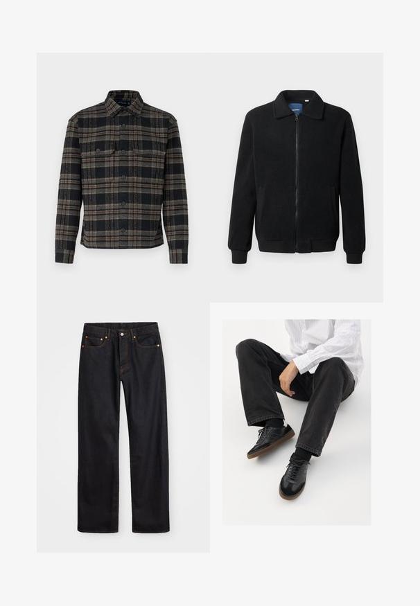 Musternahk fleece-jakk musternahaga, tõmblukk, seisev kaelus, soonikkoes varrukad ja küljetaskud tekstuurse pinnaga.; Must musträäp ja hallikirju jope kraega, nööpidega ees ja kahe rinna taskuga. Valmistatud tekstuursest kangast.; Meeste sirge jala mustad denim teksad viie taskuga, oranž õmblus, nupu ja tõmblukuga ees nagu vöökoht.; Mustad spordijalatsid siledast ja tekstuurilisest ülemisest osast, millel on kummist tald ja tumedad nöörid. Kombineeritud mustade teksade ja valge triibulise särgiga.