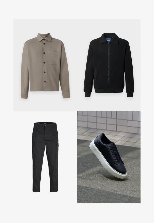 Zwarte fleece jas met een ritssluiting, staande kraag, ribgebreide manchetten en zijzakken met een textuur.; Lichtgrijs overhemd met knopen gemaakt van zachte stof; heeft een puntige kraag, lange mouwen en een enkele borstzak. Zwarte knopen sieren de voorkant.; Zwarte cargobroek van stevig stof, met meerdere zakken, een knoopsluiting en een slim fit ontwerp met taps toelopende benen.; Zwarte leren sneaker met een ronde neus en een witte rubberen zool. Voorzien van platte veters en minimale stiksels op het bovenwerk. Textuurrijke zool voor grip.