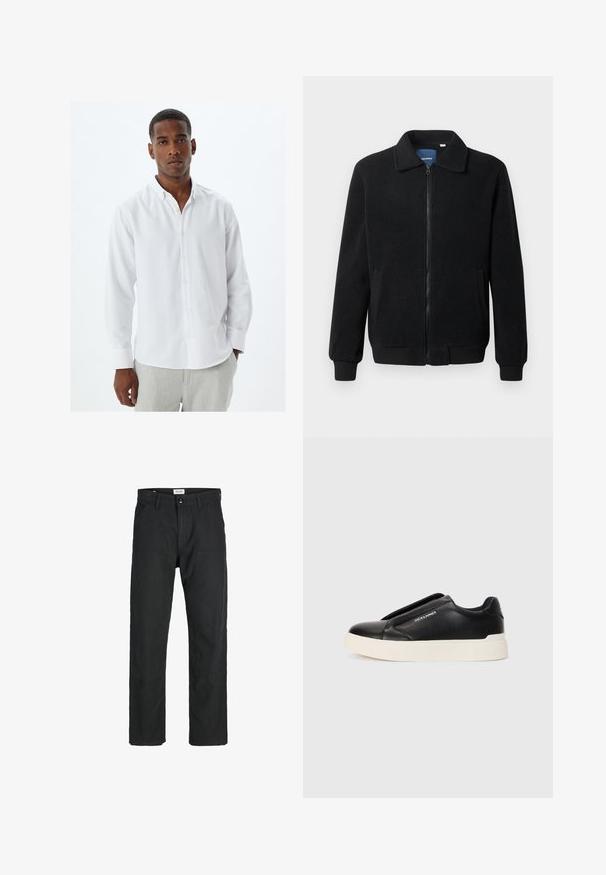 Zwarte fleece jas met een ritssluiting, staande kraag, ribgebreide manchetten en zijzakken met een textuur.; Witte lange mouwen blouse met een kraag, met een gladde stoftextuur en traditionele knoopsluiting. Draagt bij lichte grijze broek.; Zwarte broeken gemaakt van duurzame stof, met een recht gesneden ontwerp, gestikte accenten en twee voorzakken voor functionaliteit.; Zwarte slip-on sneaker met een gestructureerde leren bovenkant, witte rubberen zool en geen zichtbare veters. Beschikt over het merkembleem aan de zijkant.