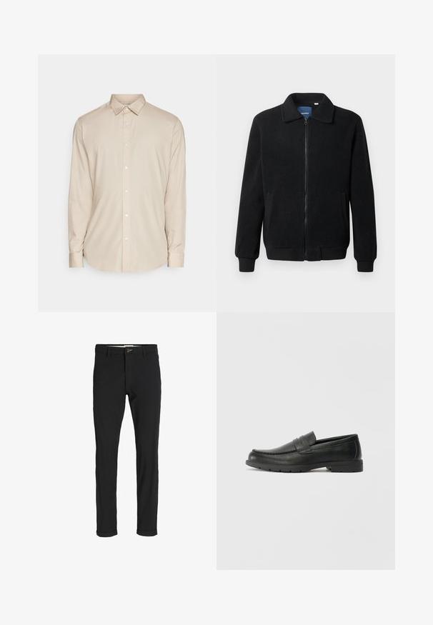 Melnā vilnas jaka ar rāvējslēdzēju, stāvošu apkakli, ribotām piedurknēm un sānu kabatām ar teksturētu virsmu.; Bēšas krāsas ilgas piedurknes pogājama krekls ar apkakli, ar taisnu griezumu un gludu tekstūru. Tam ir baltas pogas gar priekšpusi.; Melnas kokvilnas maisījuma bikses ar šauru piegriezumu, ar pogu aizdari, kabatām un rullētām piedurknēm ikdienišķam izskatam.; Melnas ādas loafers ar gludu apdari, mokasīnu stila augšdaļu, šūtu detalizāciju un gumijas zoli. Klasisks dizains ar zemu papēdi.