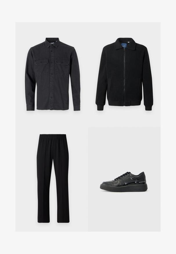 Juodas fliso džemperis su užtrauktuku, stovinčia apykakle, gumuotais rankogaliais ir šoninėmis kišenėmis, turinčiomis tekstūruotą paviršių.; Tamsiai pilkas ilgomis rankovėmis marškiniai su mygtukais, pagaminti iš medvilnės mišinio, su dviem krūtinės kišenėmis ir klasikiniu apykaklės dizainu.; Juodos, elastingos juosmens kelnės su tiesiomis kojomis, turinčios lygų paviršių ir be matomų raštų ar detalių.; Juodos odinės sportbačiai su lygiu paviršiumi, apvalia nosimi ir kontrastingu juodu guminiu padu. Yra plokščios raištelės ir prekės ženklas ant šono.