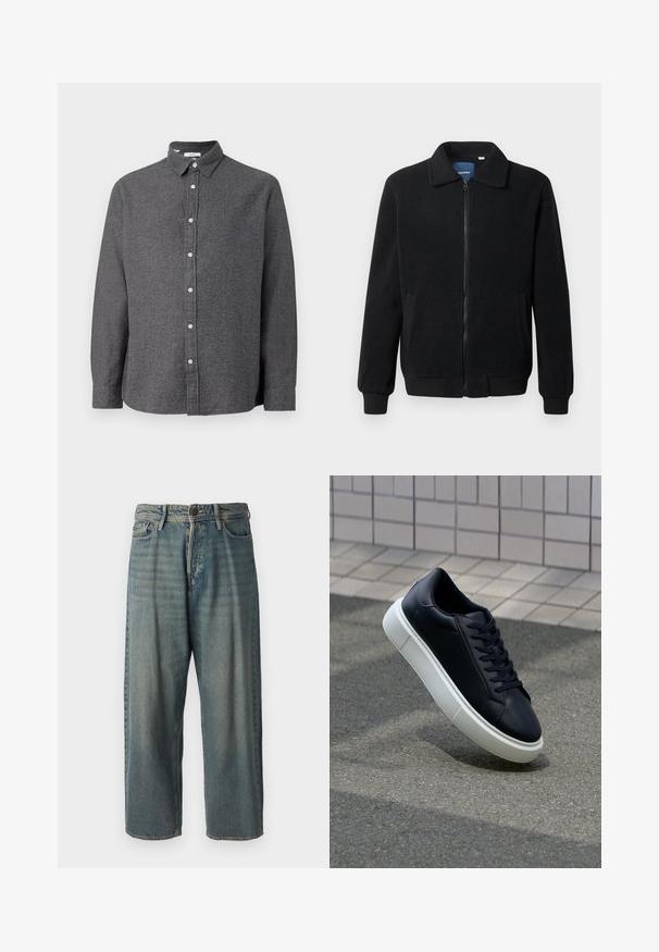 Casaco de polar preto com fecho de correr, gola alta, punhos canelados e bolsos laterais com uma superfície texturizada.; Camisa cinza de botões com um tecido texturizado, colarinho, mangas longas e botões bege na parte da frente. Barra reta na parte inferior.; Jeans de ganga azul claro com um corte solto, cintura média e pernas retas. Apresenta cinco bolsos, passadores de cinto e fecho com botão.; Sapatilha de couro preto com bico arredondado e sola de borracha branca. Apresenta atacadores planos e costuras mínimas na parte superior. Sola texturizada para melhor aderência.