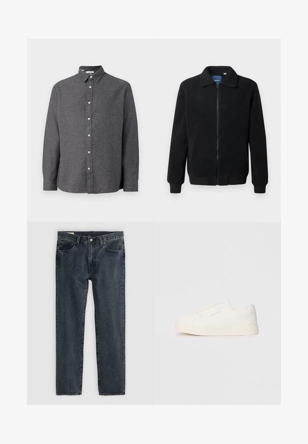 Casaco de polar preto com fecho de correr, gola alta, punhos canelados e bolsos laterais com uma superfície texturizada.; Camisa cinza de botões com um tecido texturizado, colarinho, mangas longas e botões bege na parte da frente. Barra reta na parte inferior.; Jeans de denim azul-escuro com um design de perna reta, cinco bolsos e fecho com botão. O tecido apresenta um desvanecimento sutil e textura.; Sapatilhas brancas de atacar com uma superfície texturizada, sola grossa e design minimalista. Possui o logo da marca na lateral.