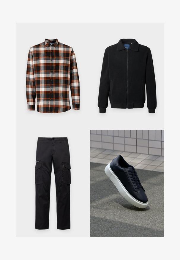 Črna flis jakna z zadrgo, stoječim ovratnikom, rebrastimi zapestji in stranskimi žepi s teksturirano površino.; Črna in siva karo srajca z oranžnimi detajli, dolgi rokavi in s ovratnikom na gumb. Ima žep na prsih in teksturo blaga.; Črne cargo hlače z več žepi, z zadrgo na stegnu, ravnim krojem in trdnim bombažnim materialom z rahlo sijajem.; Črne usnjene superge z zaobljenim prstom in belim gumijastim podplat. Imajo ravne vezalke in minimalno šivanje na zgornjem delu. Teksturirani podplat za oprijem.