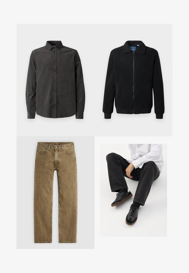 Juodas fliso džemperis su užtrauktuku, stovinčia apykakle, gumuotais rankogaliais ir šoninėmis kišenėmis, turinčiomis tekstūruotą paviršių.; Samsøe Samsøe LIAM SHIRT - Marškiniai - anthracite; Šviesiai rudi džinsai, tiesaus kirpimo, su penkių kišenių dizainu ir vario spalvos detalėmis. Tekstūruota medžiaga su matomais siuvimo elementais.; Juodi sportbačiai su lygiu ir tekstūruotu paviršiumi, turi guminį padas ir tamsias raištelius. Suderinti su juodomis džinsais ir balta juostuota marškinėliais.
